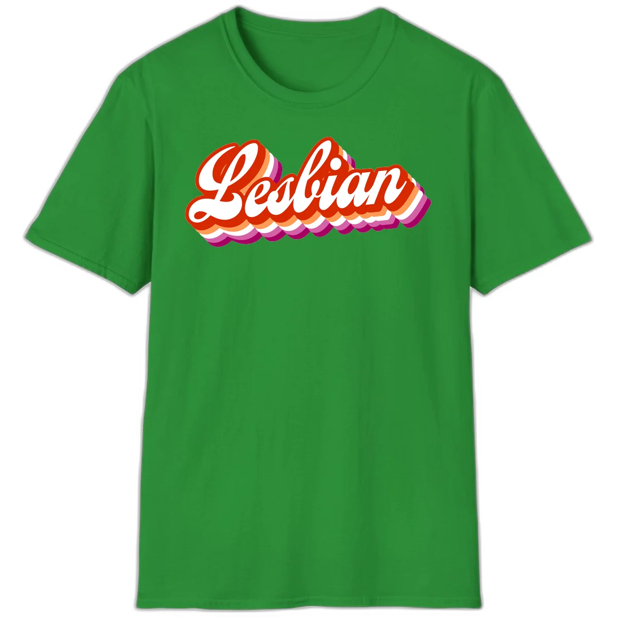 Bold retro 'Lesbian' text with 3D layered scalloped edges in red, orange, magenta, and purple on gray background in Irish Green