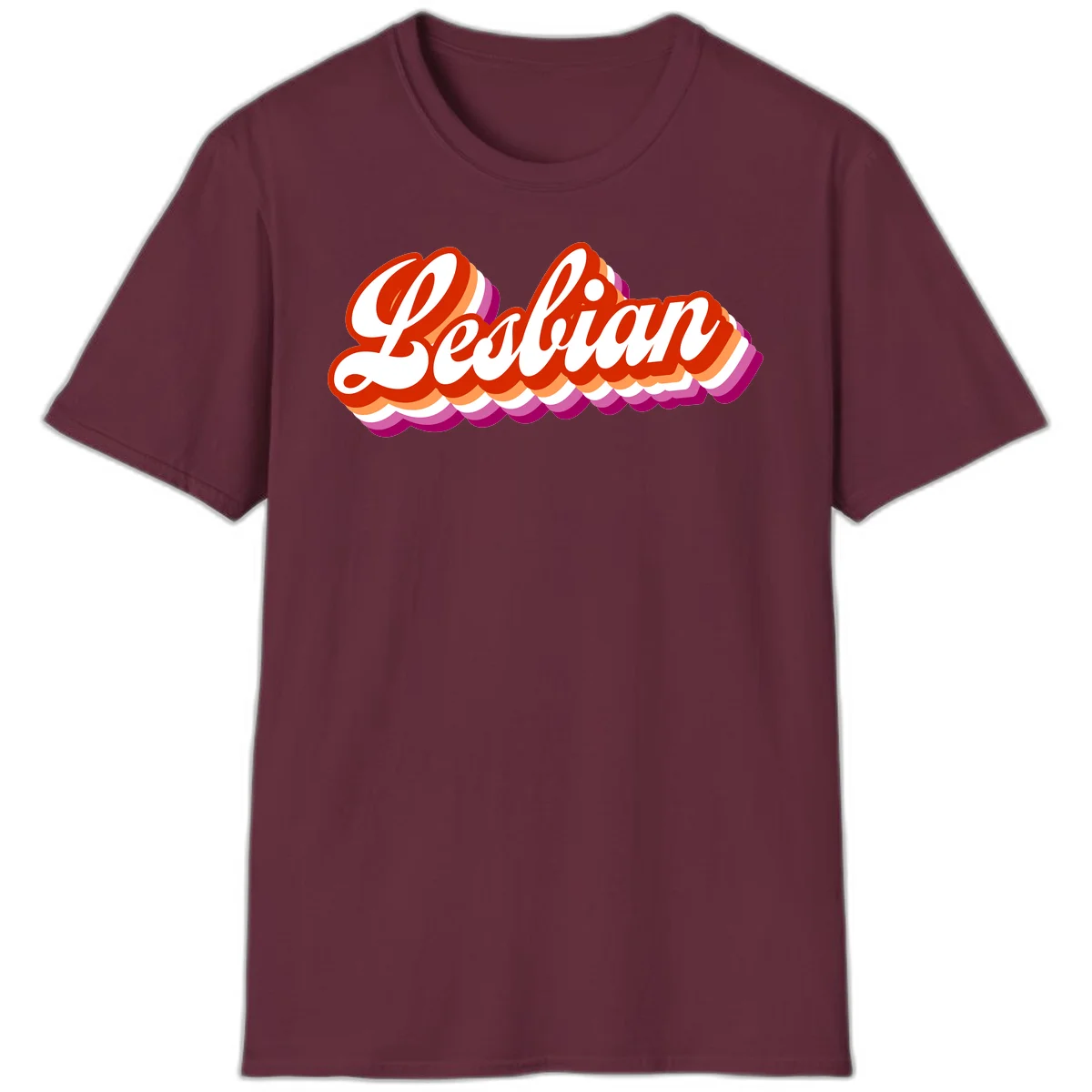 Bold retro 'Lesbian' text with 3D layered scalloped edges in red, orange, magenta, and purple on gray background in Maroon
