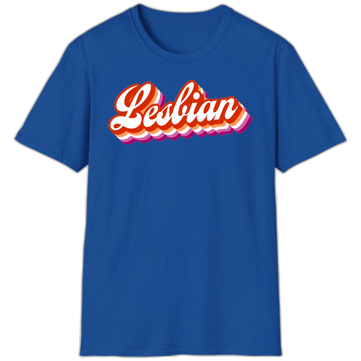 Bold retro 'Lesbian' text with 3D layered scalloped edges in red, orange, magenta, and purple on gray background in Royal