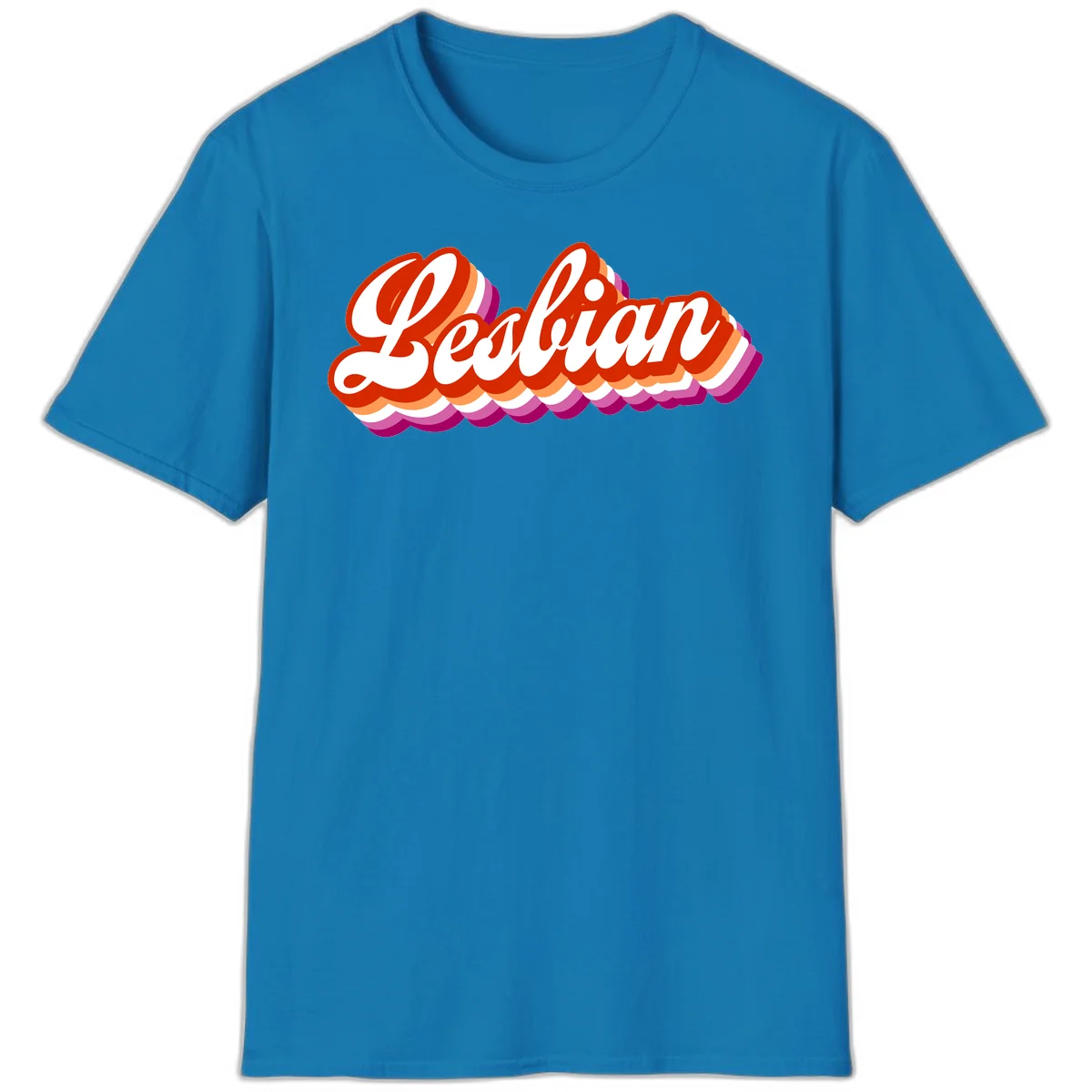 Bold retro 'Lesbian' text with 3D layered scalloped edges in red, orange, magenta, and purple on gray background in Sapphire
