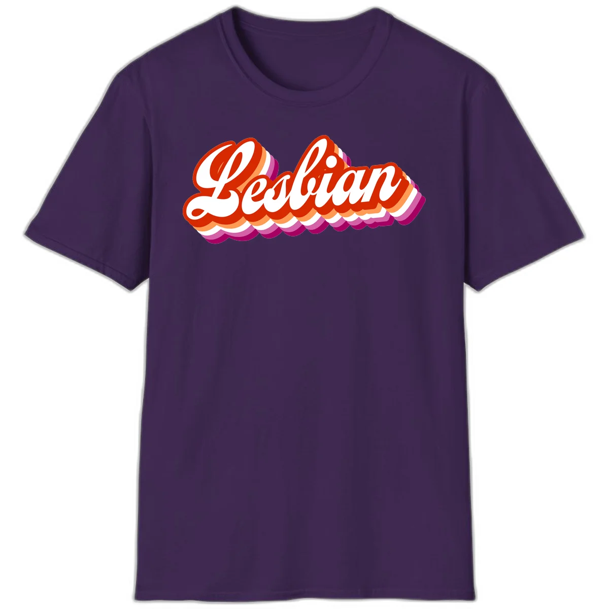 Bold retro 'Lesbian' text with 3D layered scalloped edges in red, orange, magenta, and purple on gray background in Purple