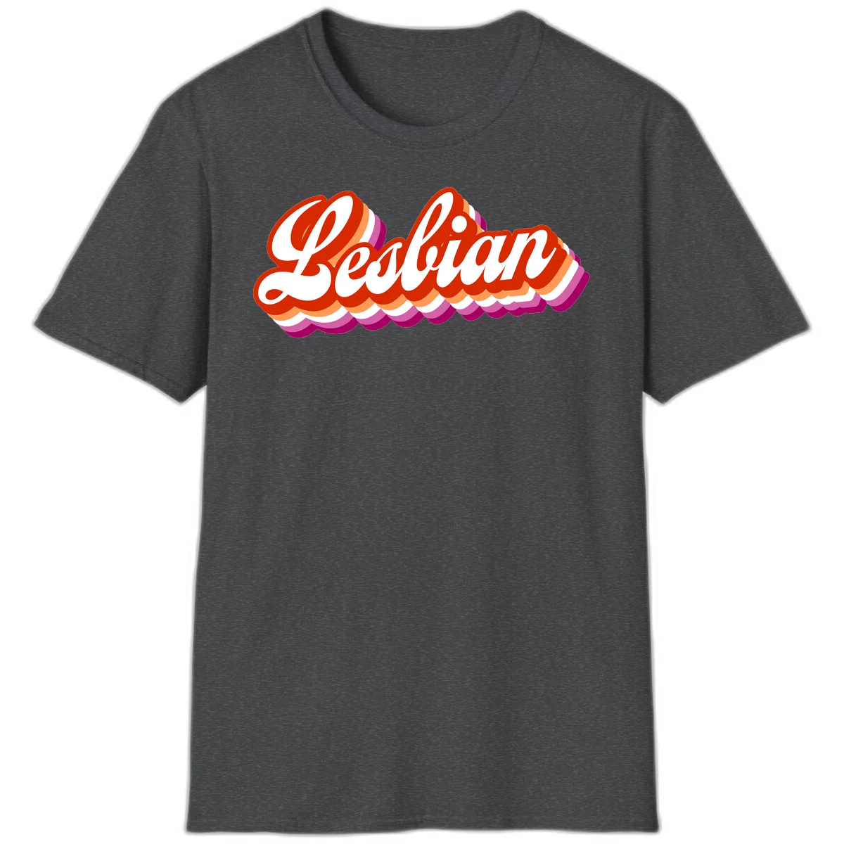 Bold retro 'Lesbian' text with 3D layered scalloped edges in red, orange, magenta, and purple on gray background in Dark Heather