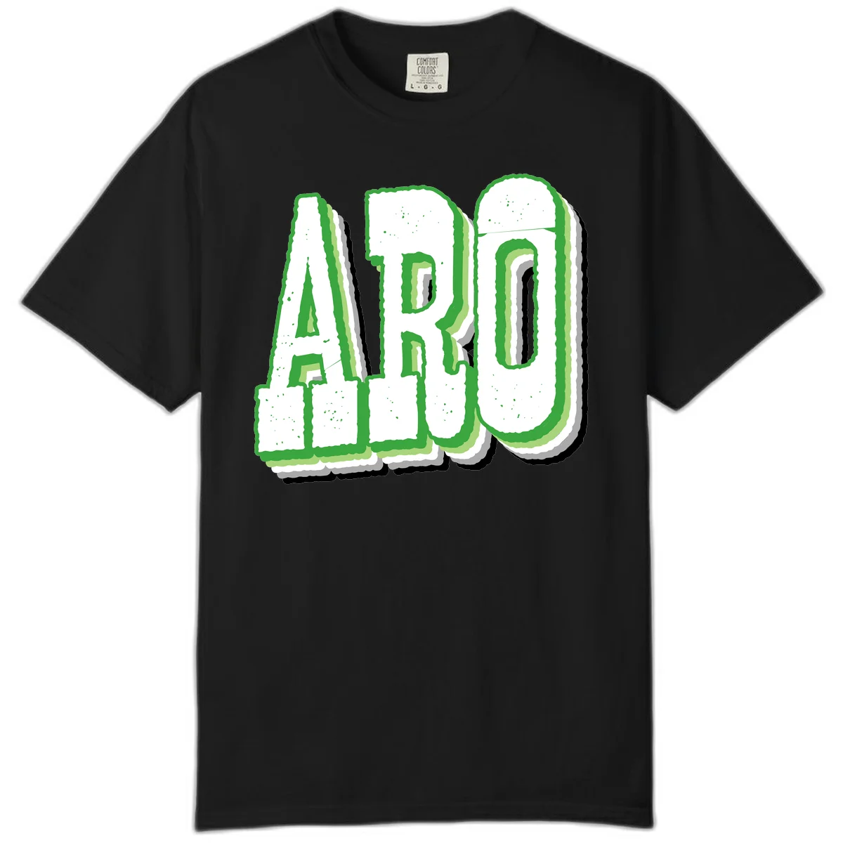 Large 3D block letters spelling ARO in green with textured speckled surface and layered shadow effect in Black