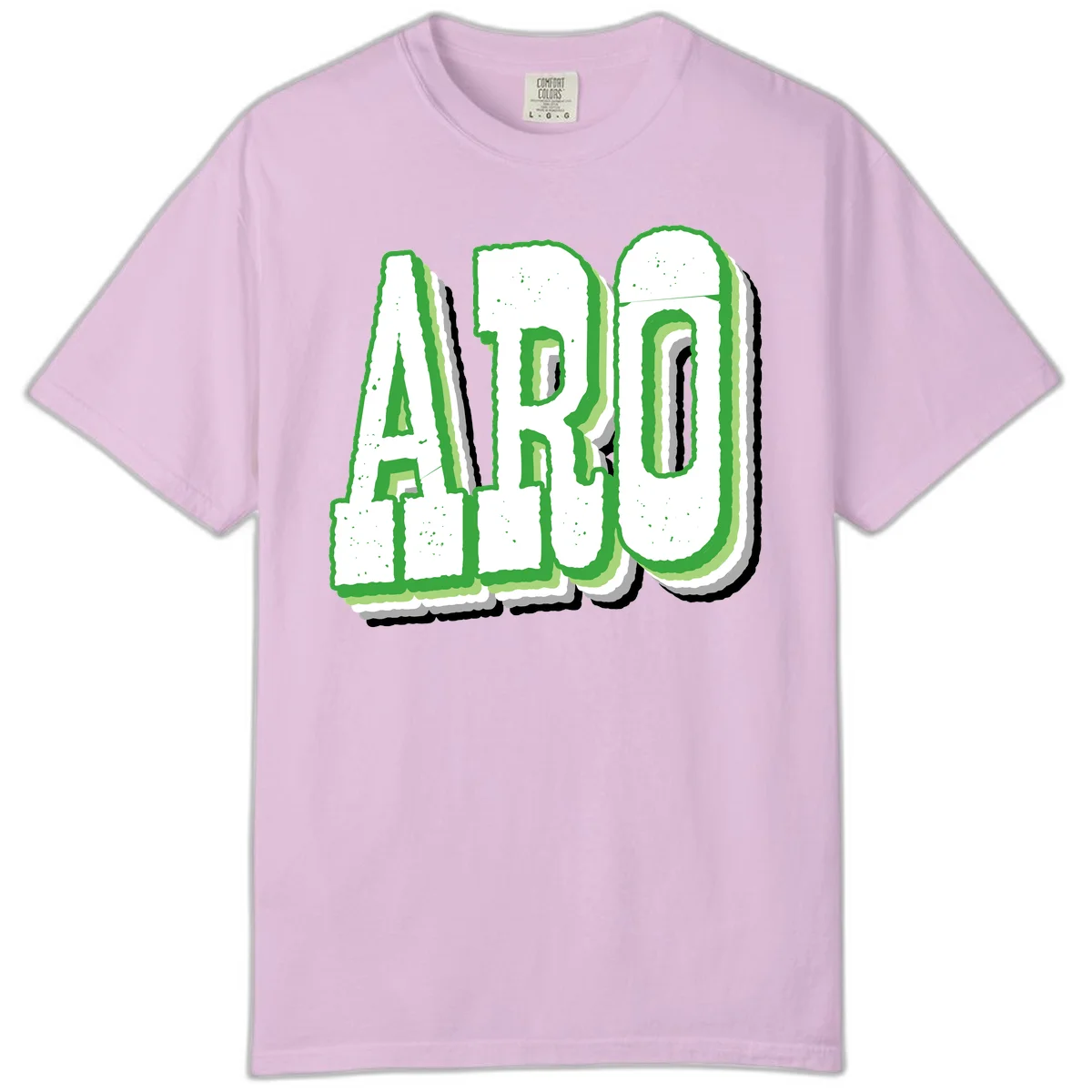 Large 3D block letters spelling ARO in green with textured speckled surface and layered shadow effect in Orchid