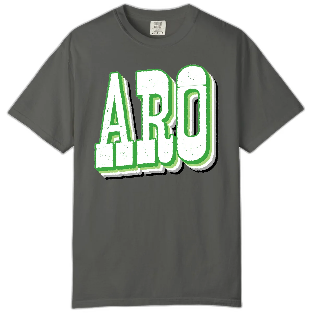 Large 3D block letters spelling ARO in green with textured speckled surface and layered shadow effect in Pepper