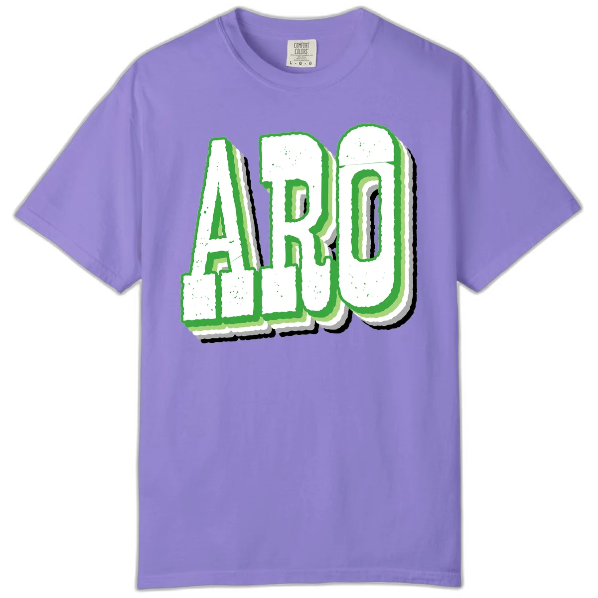 Large 3D block letters spelling ARO in green with textured speckled surface and layered shadow effect in Violet