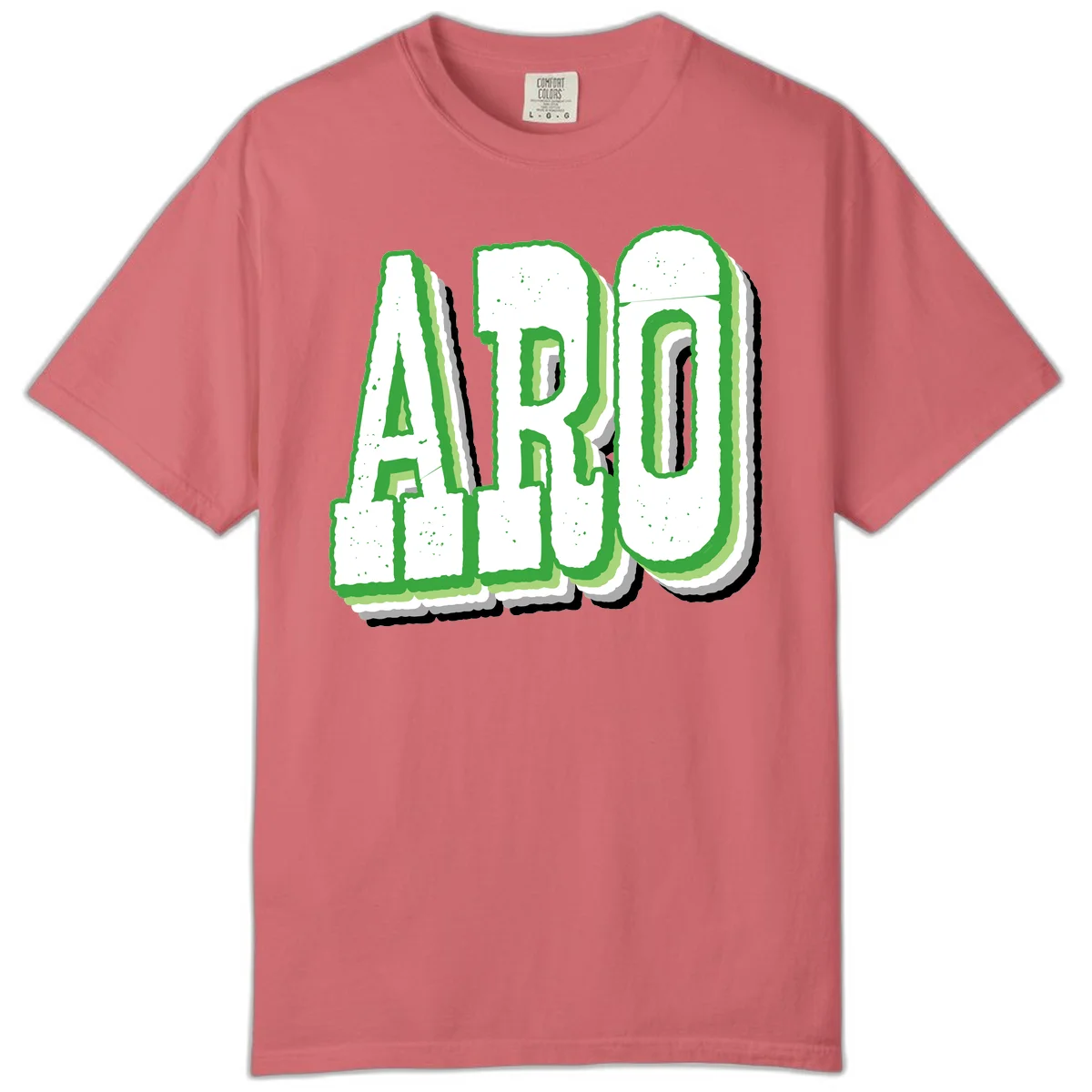 Large 3D block letters spelling ARO in green with textured speckled surface and layered shadow effect in Watermelon