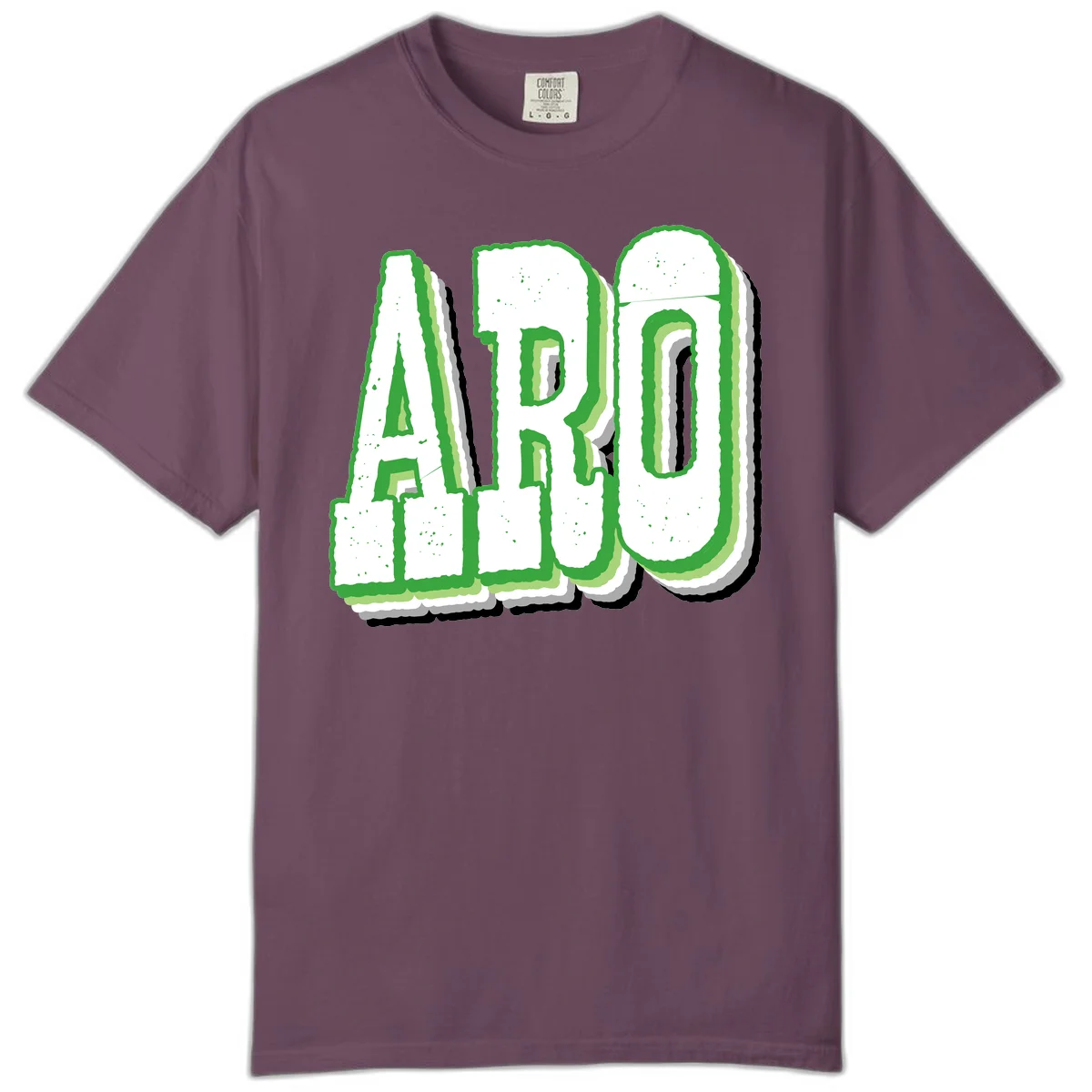 Large 3D block letters spelling ARO in green with textured speckled surface and layered shadow effect in Berry