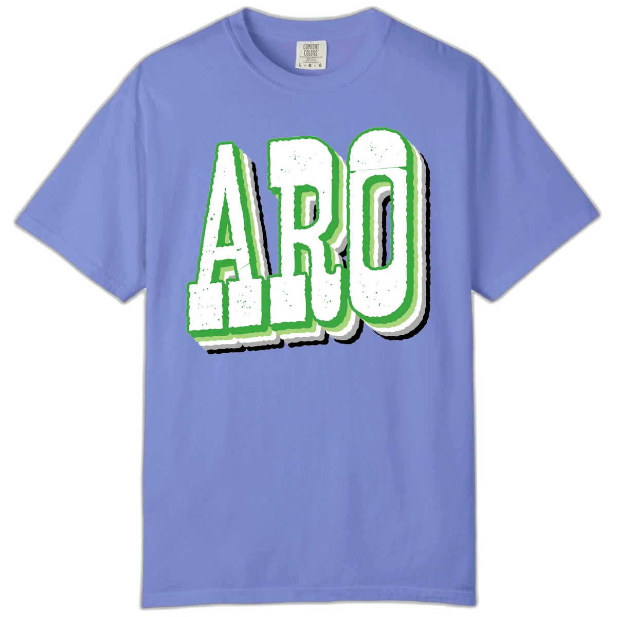 Large 3D block letters spelling ARO in green with textured speckled surface and layered shadow effect in Flo Blue
