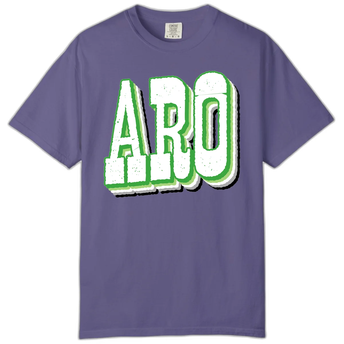 Large 3D block letters spelling ARO in green with textured speckled surface and layered shadow effect in Grape