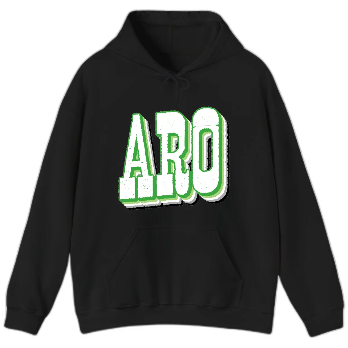 Large 3D block letters spelling ARO in green with textured speckled surface and layered shadow effect in Black