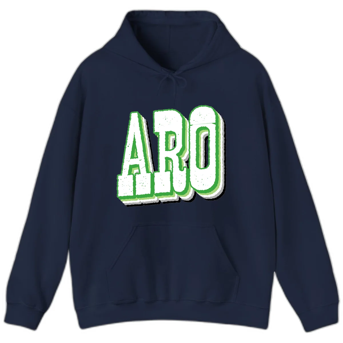 Large 3D block letters spelling ARO in green with textured speckled surface and layered shadow effect in Navy