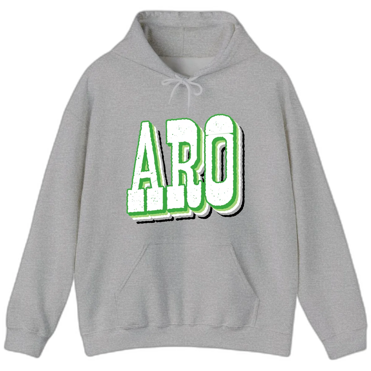 Large 3D block letters spelling ARO in green with textured speckled surface and layered shadow effect in Sport Grey