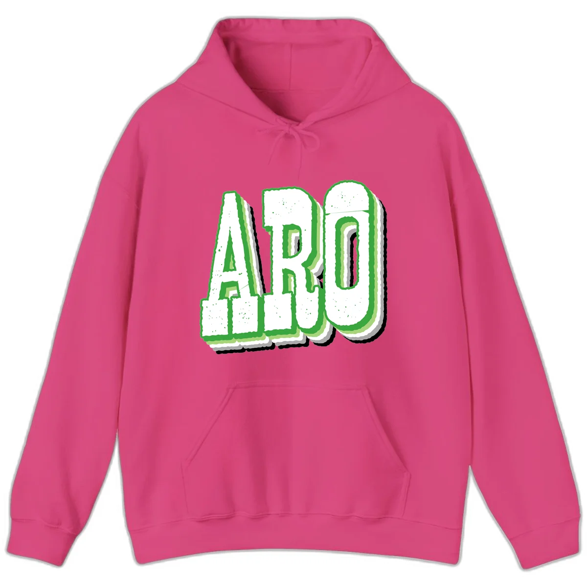 Large 3D block letters spelling ARO in green with textured speckled surface and layered shadow effect in Heliconia