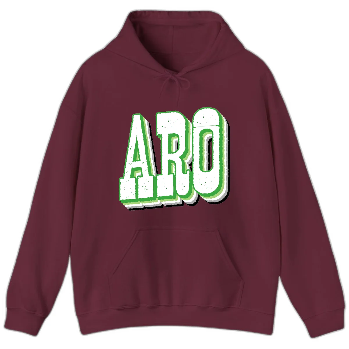 Large 3D block letters spelling ARO in green with textured speckled surface and layered shadow effect in Maroon