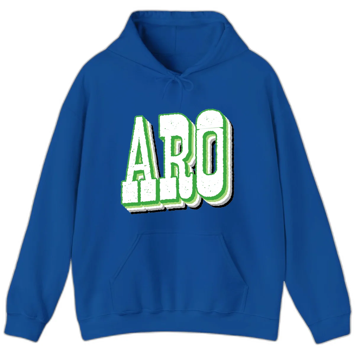 Large 3D block letters spelling ARO in green with textured speckled surface and layered shadow effect in Royal