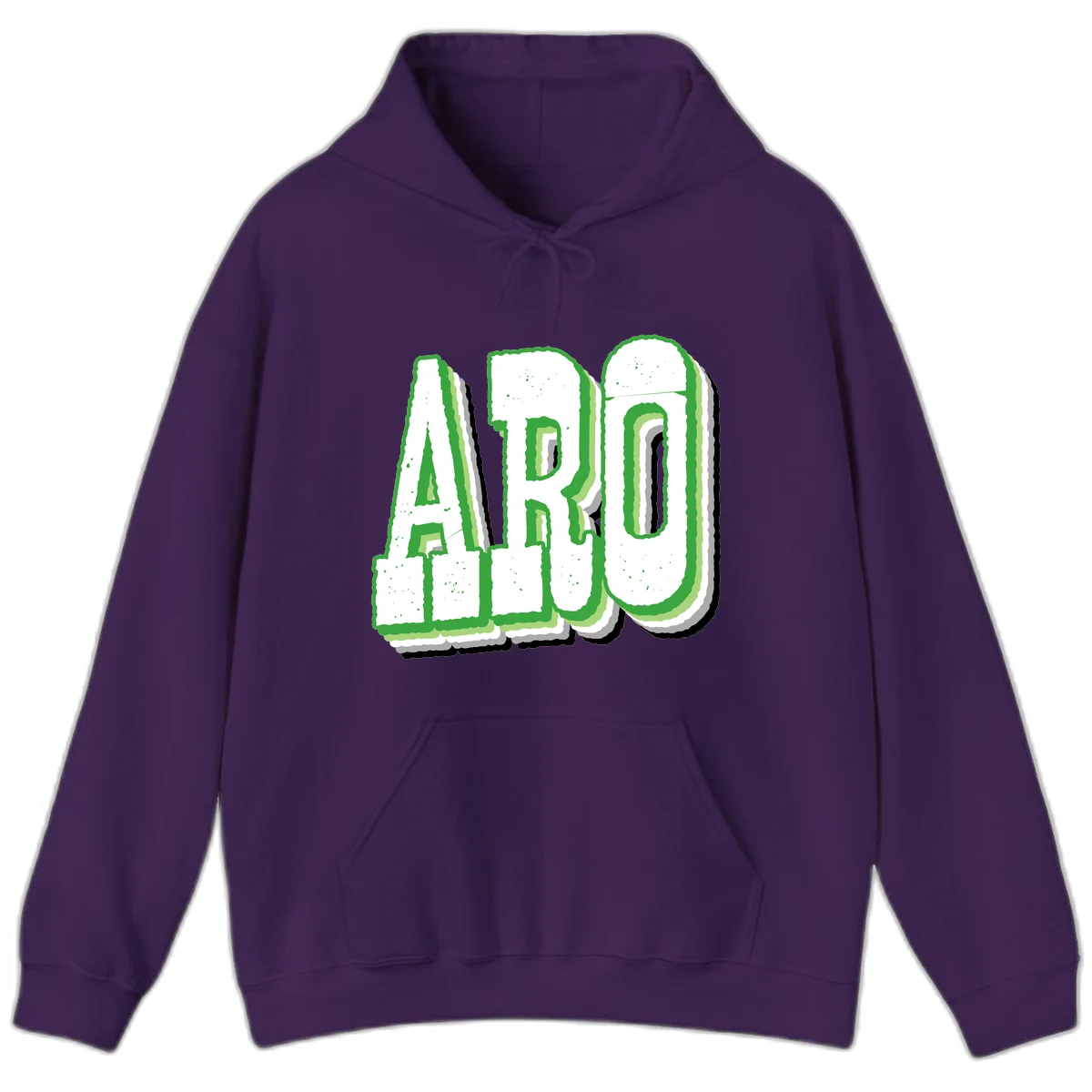 Large 3D block letters spelling ARO in green with textured speckled surface and layered shadow effect in Purple