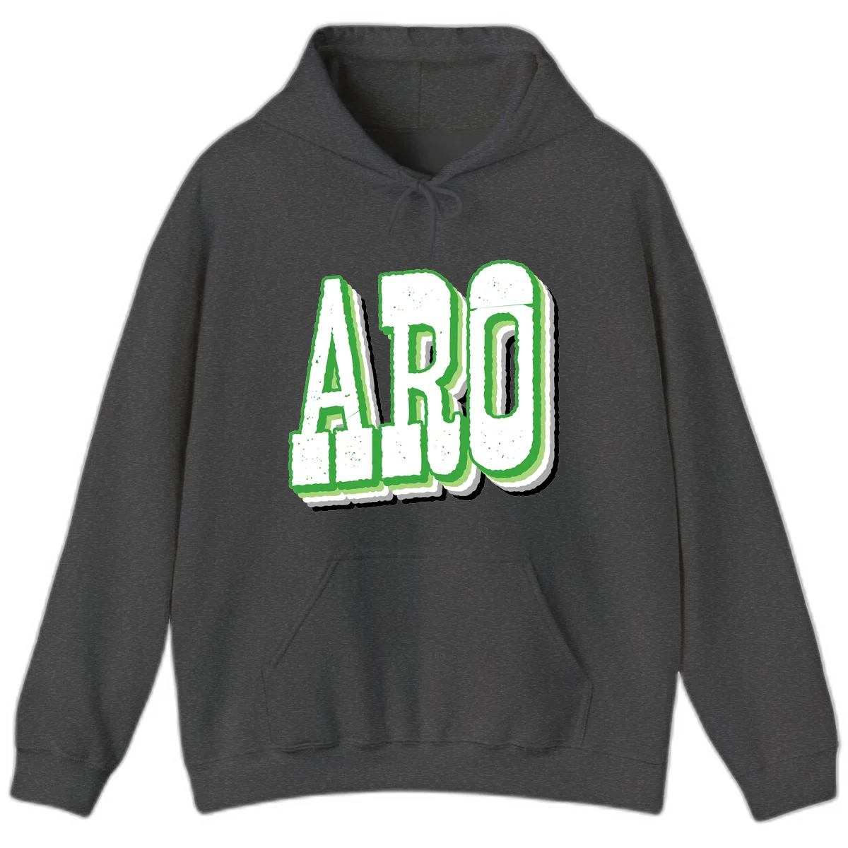 Large 3D block letters spelling ARO in green with textured speckled surface and layered shadow effect in Dark Heather