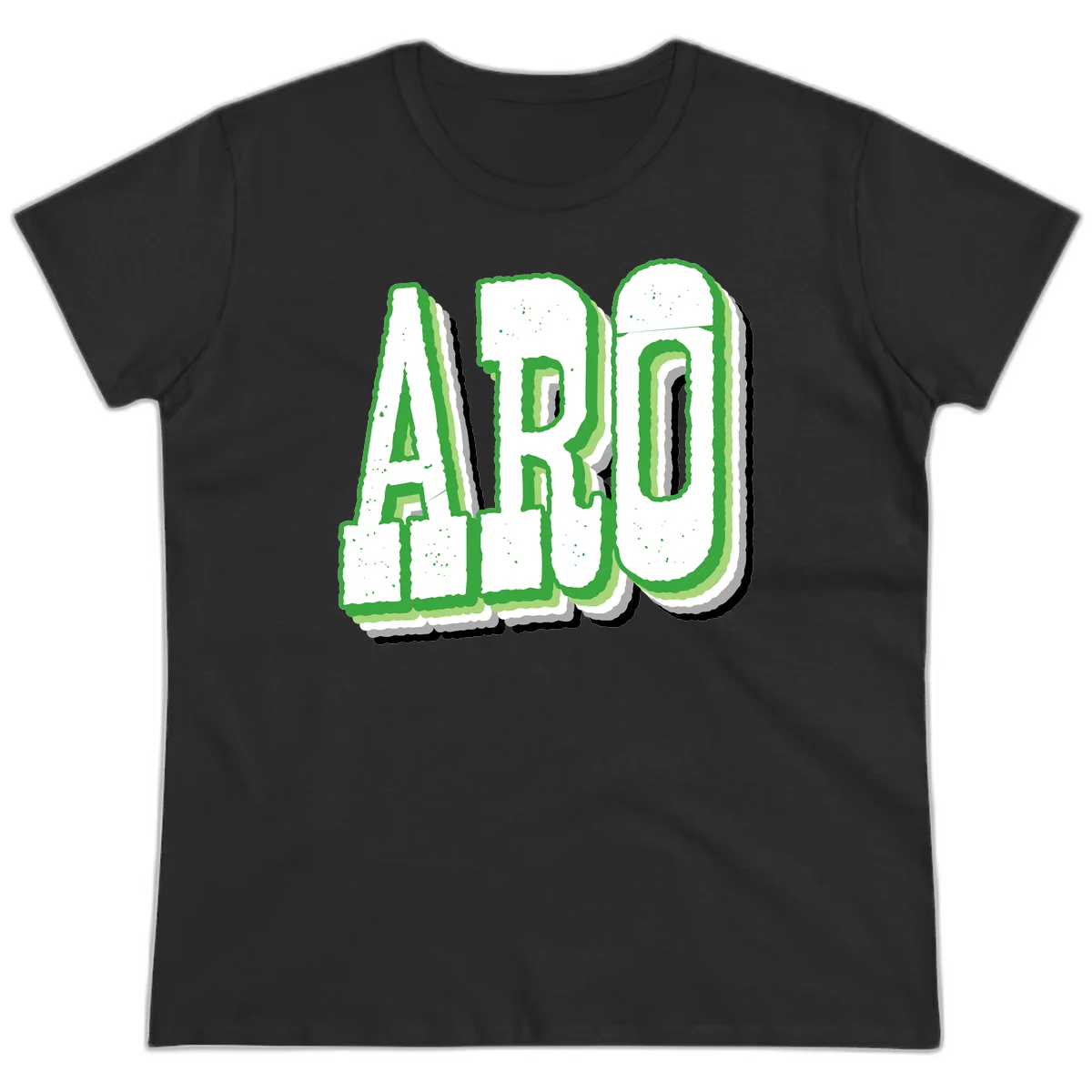 Large 3D block letters spelling ARO in green with textured speckled surface and layered shadow effect in Black