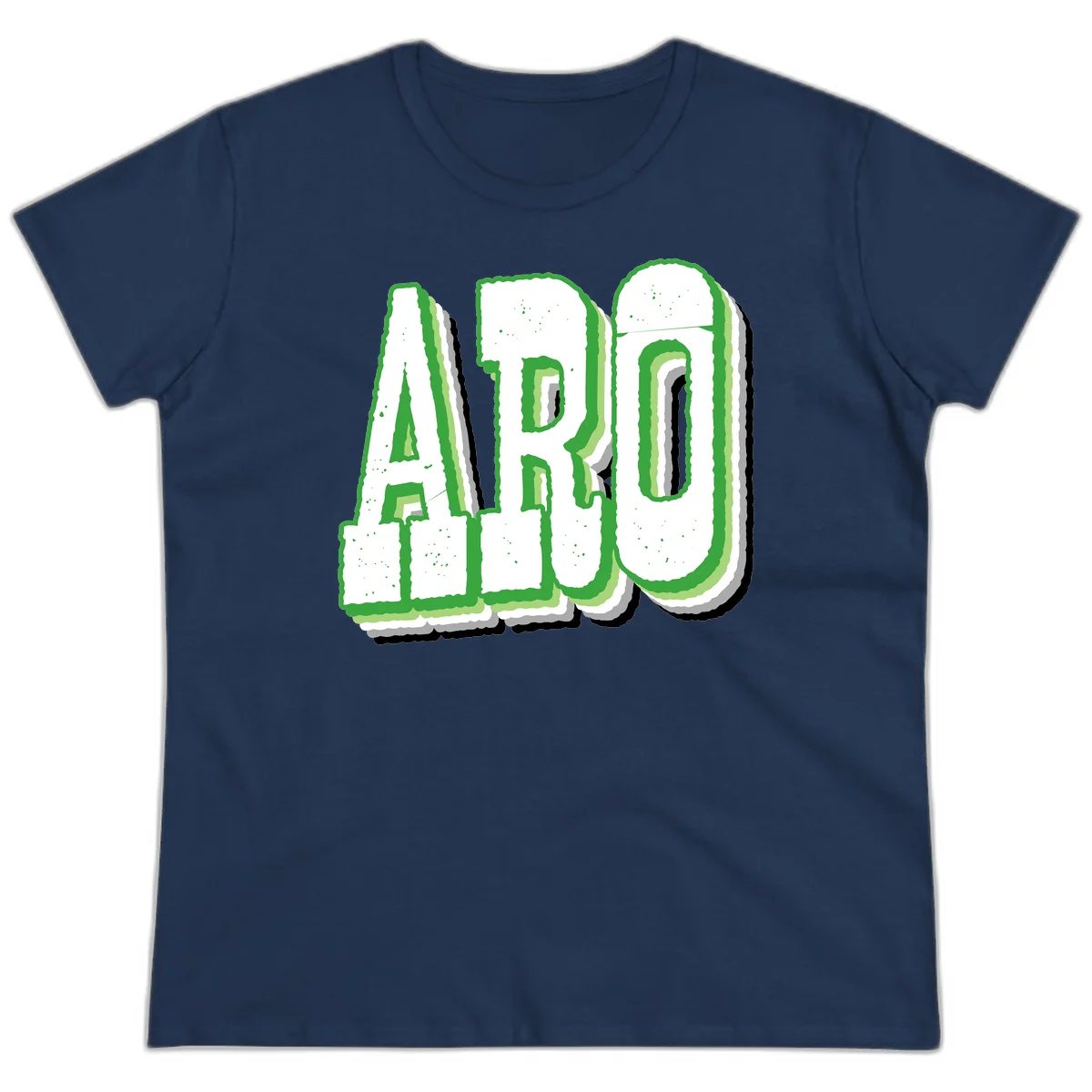 Large 3D block letters spelling ARO in green with textured speckled surface and layered shadow effect in Navy
