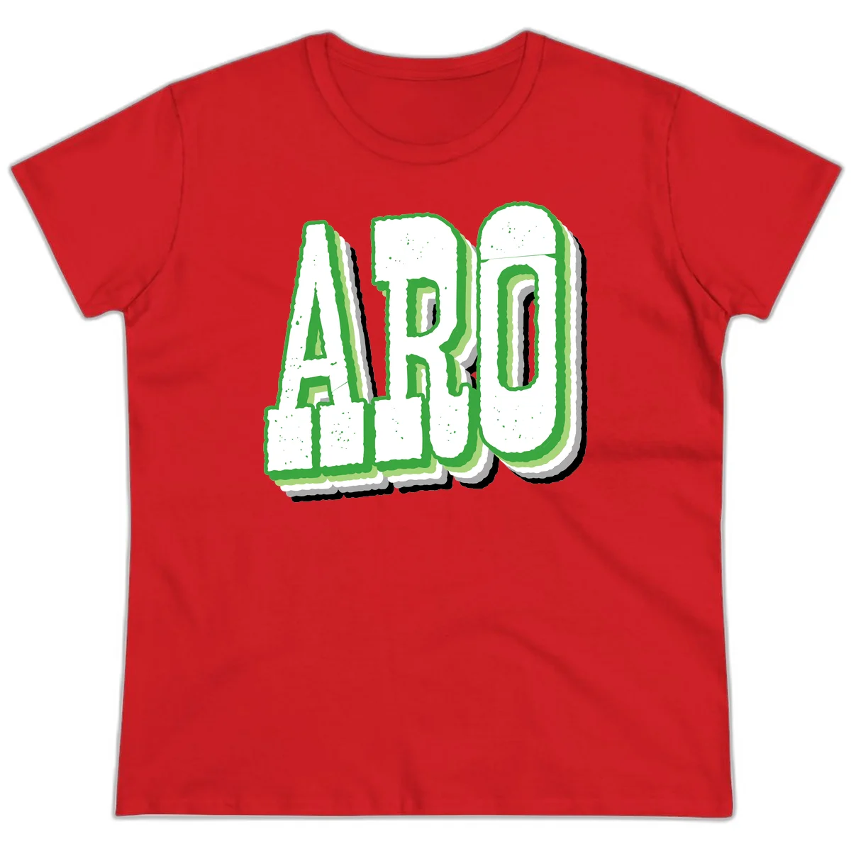 Large 3D block letters spelling ARO in green with textured speckled surface and layered shadow effect in Red