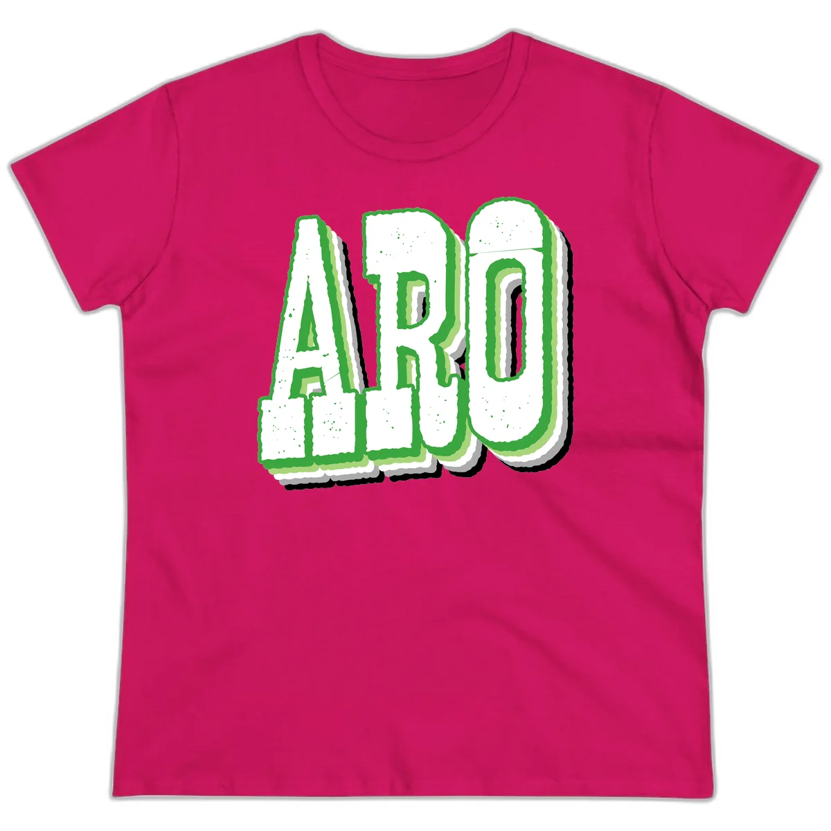 Large 3D block letters spelling ARO in green with textured speckled surface and layered shadow effect in Heliconia
