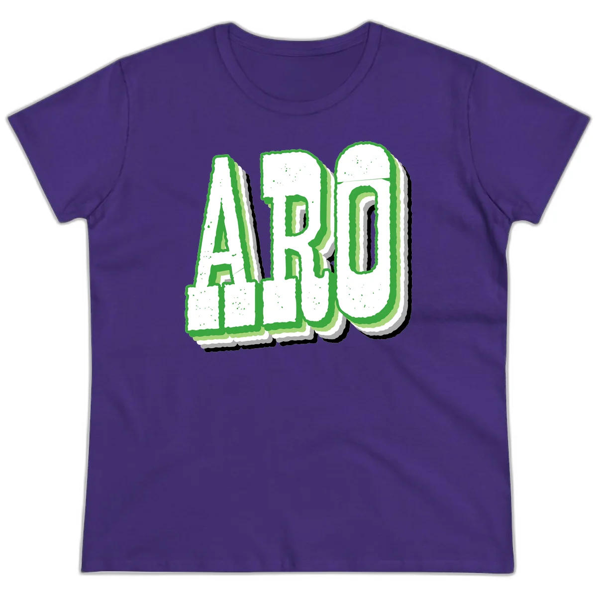 Large 3D block letters spelling ARO in green with textured speckled surface and layered shadow effect in Purple