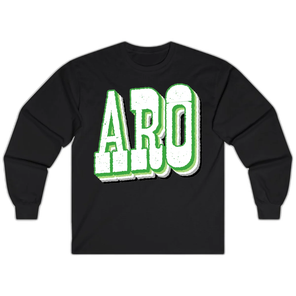Large 3D block letters spelling ARO in green with textured speckled surface and layered shadow effect in Black