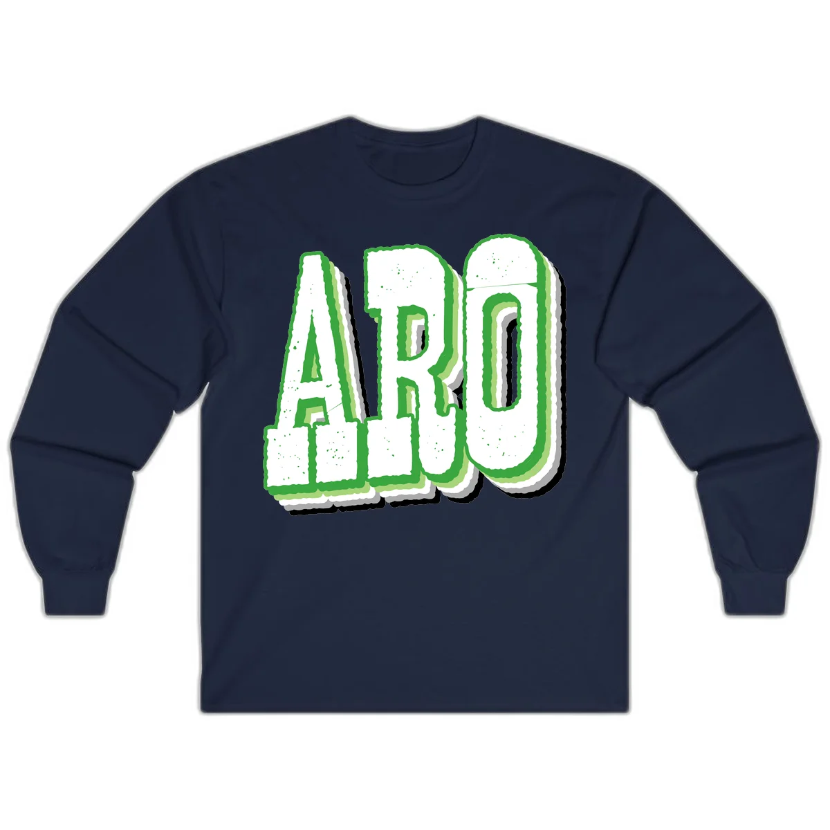 Large 3D block letters spelling ARO in green with textured speckled surface and layered shadow effect in Navy