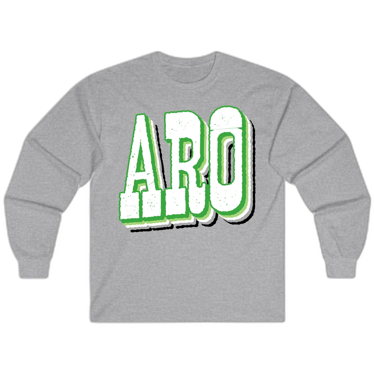 Large 3D block letters spelling ARO in green with textured speckled surface and layered shadow effect in Sport Grey