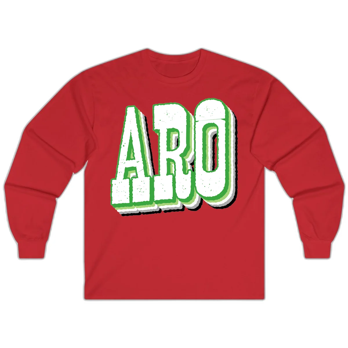 Large 3D block letters spelling ARO in green with textured speckled surface and layered shadow effect in Red