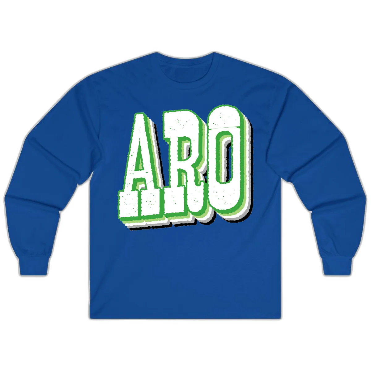 Large 3D block letters spelling ARO in green with textured speckled surface and layered shadow effect in Royal
