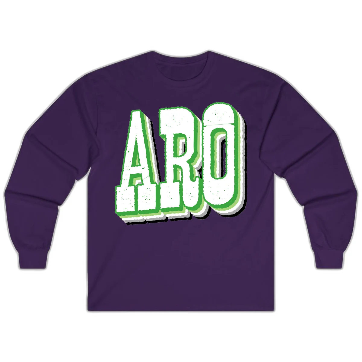 Large 3D block letters spelling ARO in green with textured speckled surface and layered shadow effect in Purple