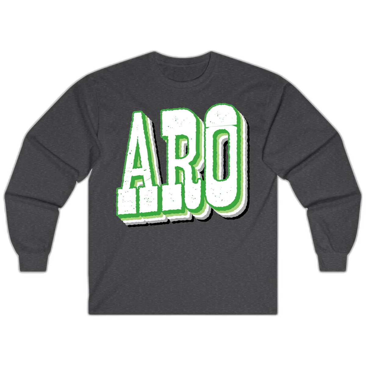 Large 3D block letters spelling ARO in green with textured speckled surface and layered shadow effect in Dark Heather