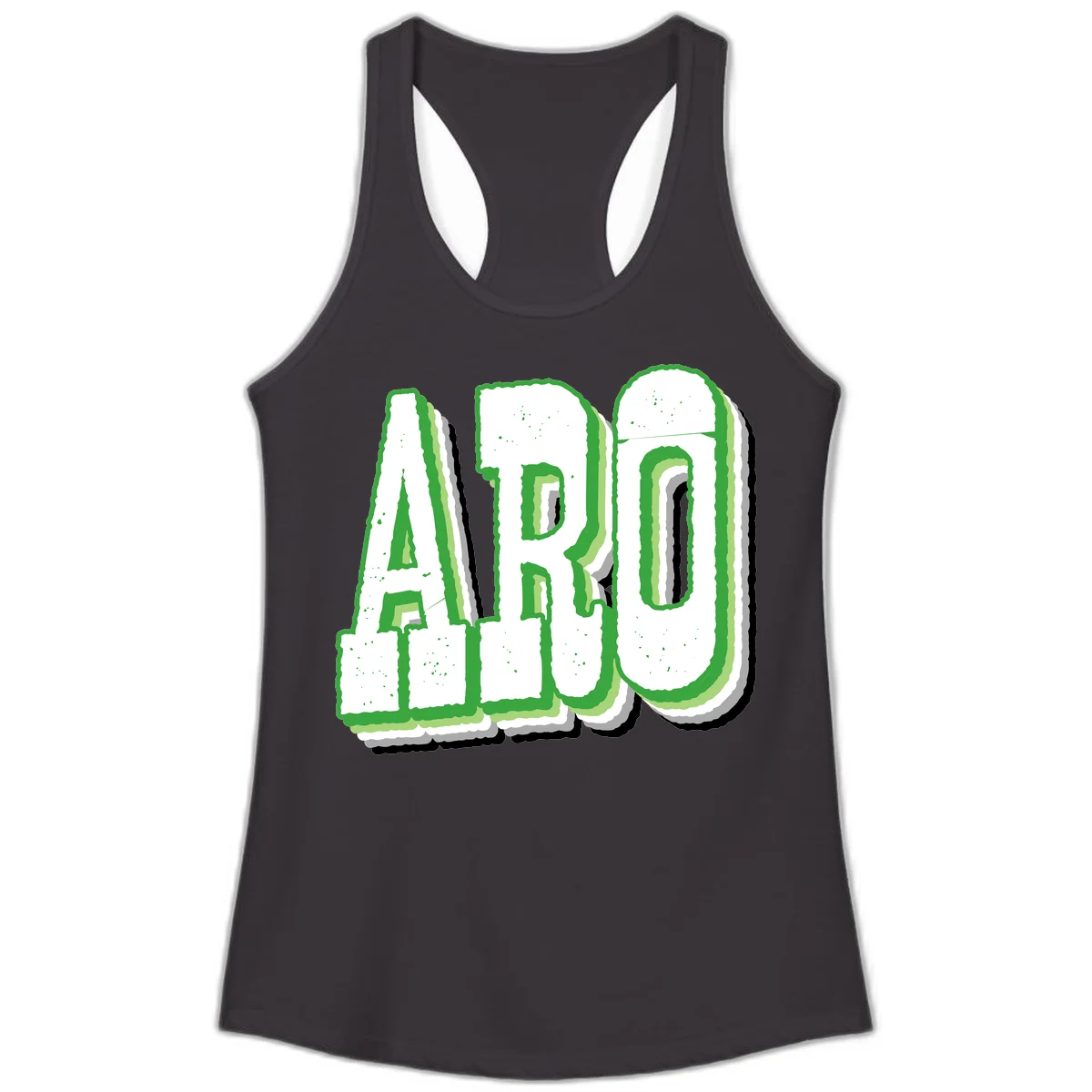 Large 3D block letters spelling ARO in green with textured speckled surface and layered shadow effect in Black
