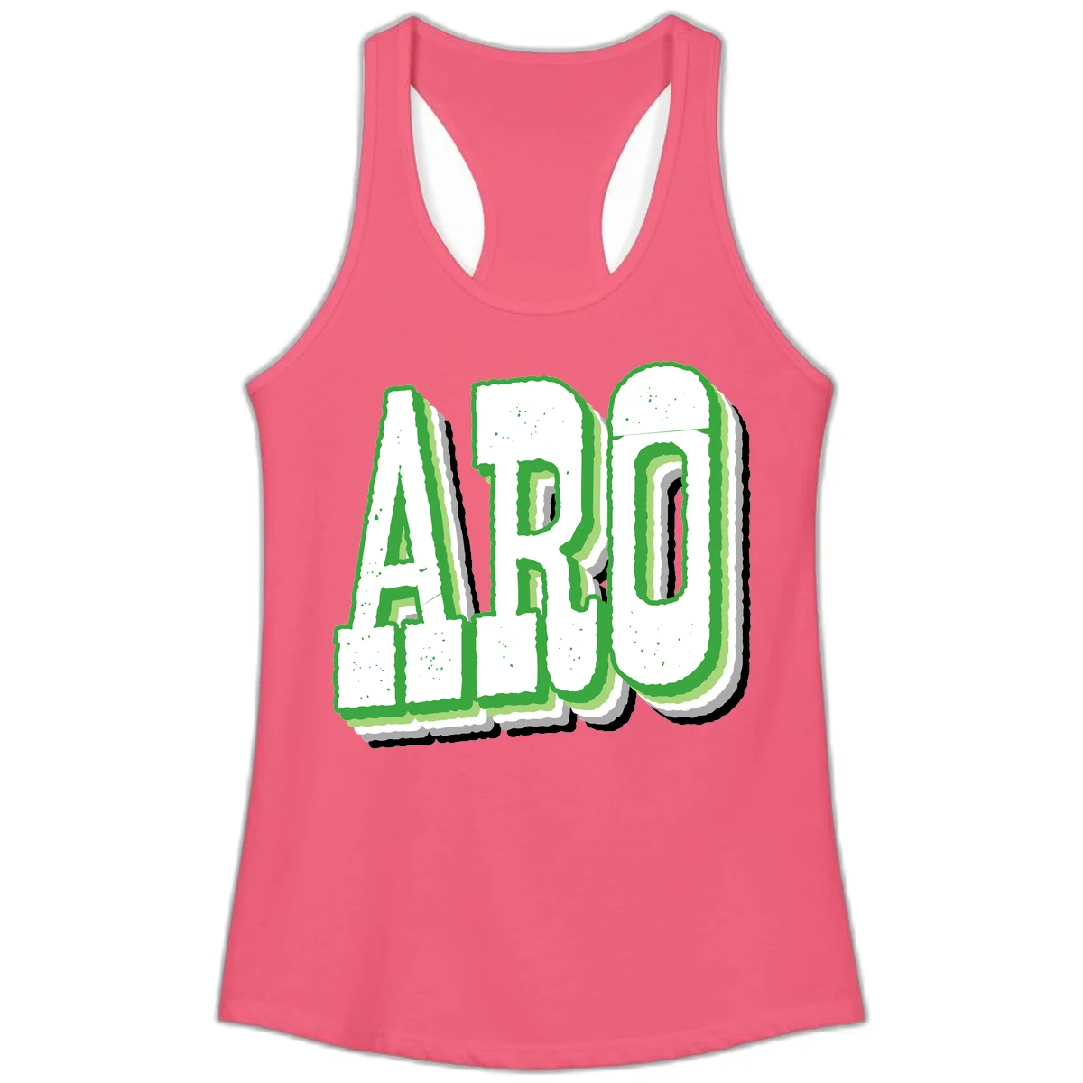 Large 3D block letters spelling ARO in green with textured speckled surface and layered shadow effect in Hot Pink