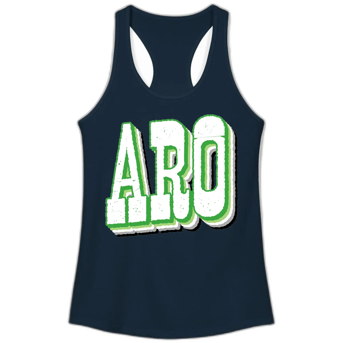 Large 3D block letters spelling ARO in green with textured speckled surface and layered shadow effect in Solid Midnight Navy