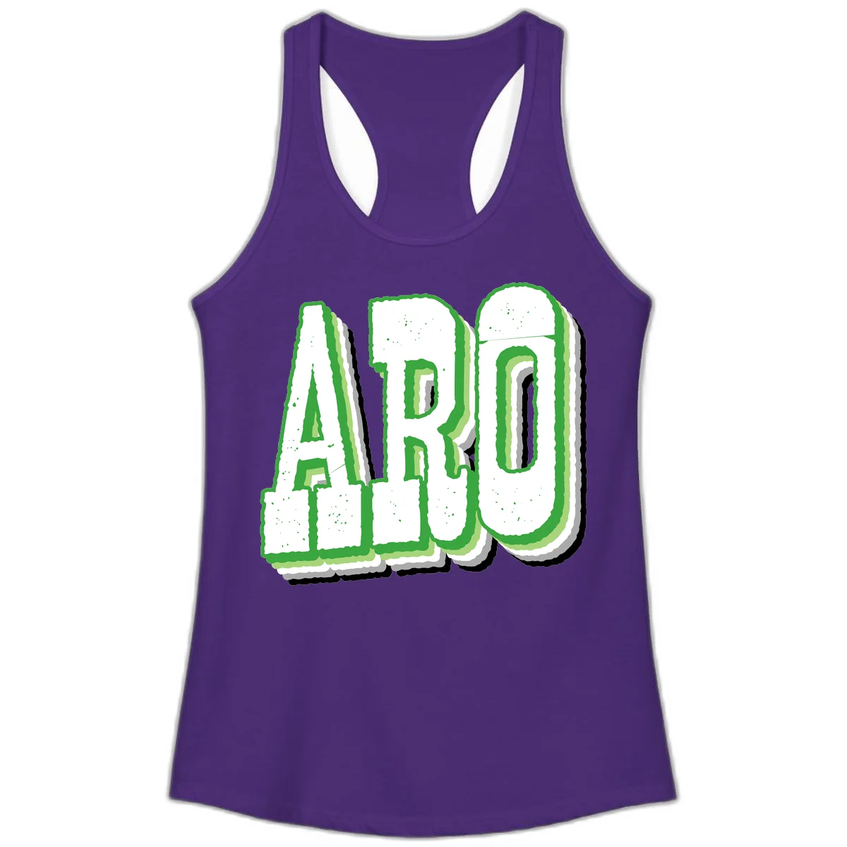 Large 3D block letters spelling ARO in green with textured speckled surface and layered shadow effect in Solid Purple Rush
