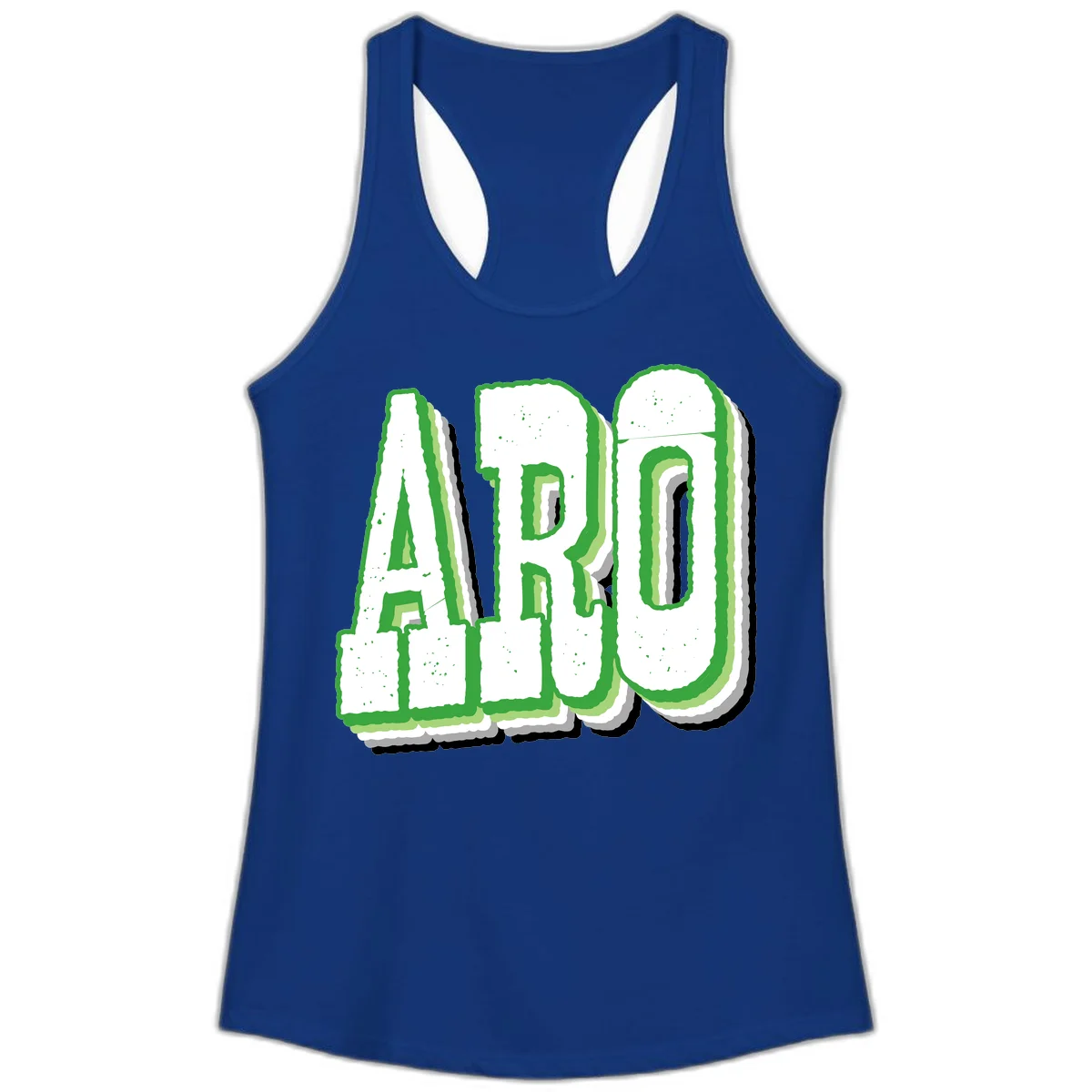 Large 3D block letters spelling ARO in green with textured speckled surface and layered shadow effect in Solid Royal