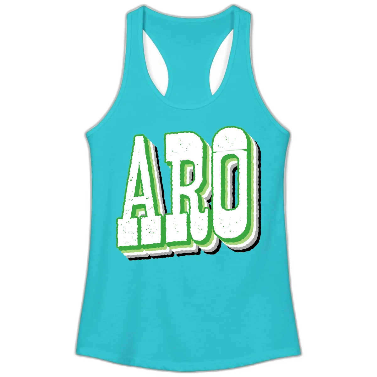 Large 3D block letters spelling ARO in green with textured speckled surface and layered shadow effect in Solid Tahiti Blue