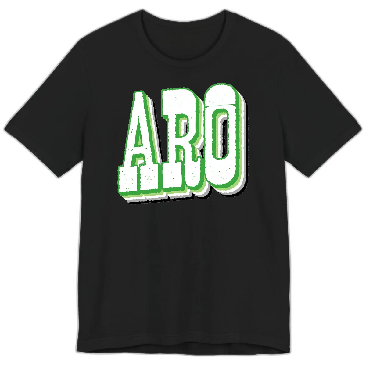 Large 3D block letters spelling ARO in green with textured speckled surface and layered shadow effect in Black