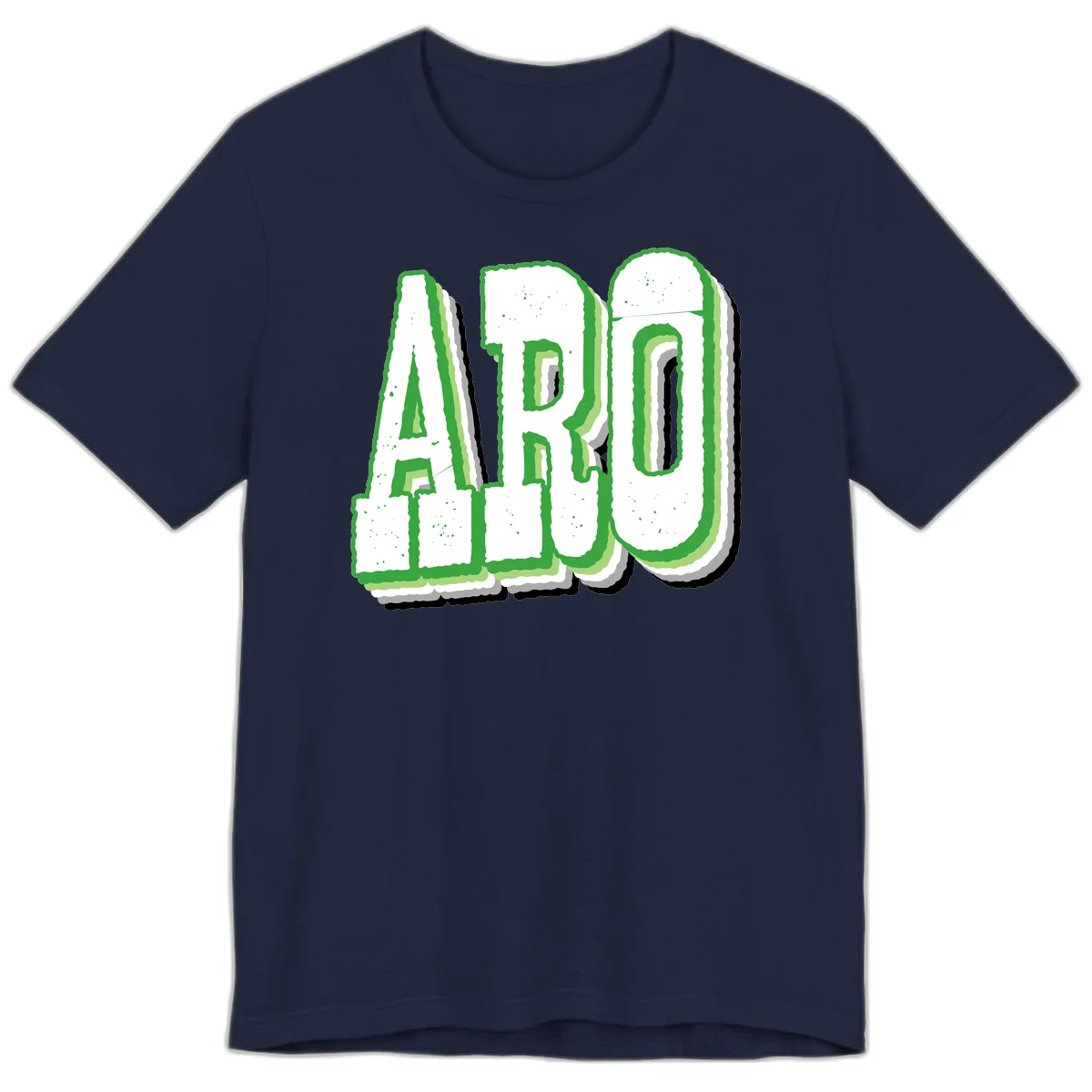 Large 3D block letters spelling ARO in green with textured speckled surface and layered shadow effect in Navy