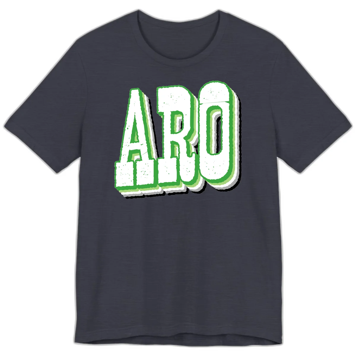 Large 3D block letters spelling ARO in green with textured speckled surface and layered shadow effect in Heather Midnight Navy