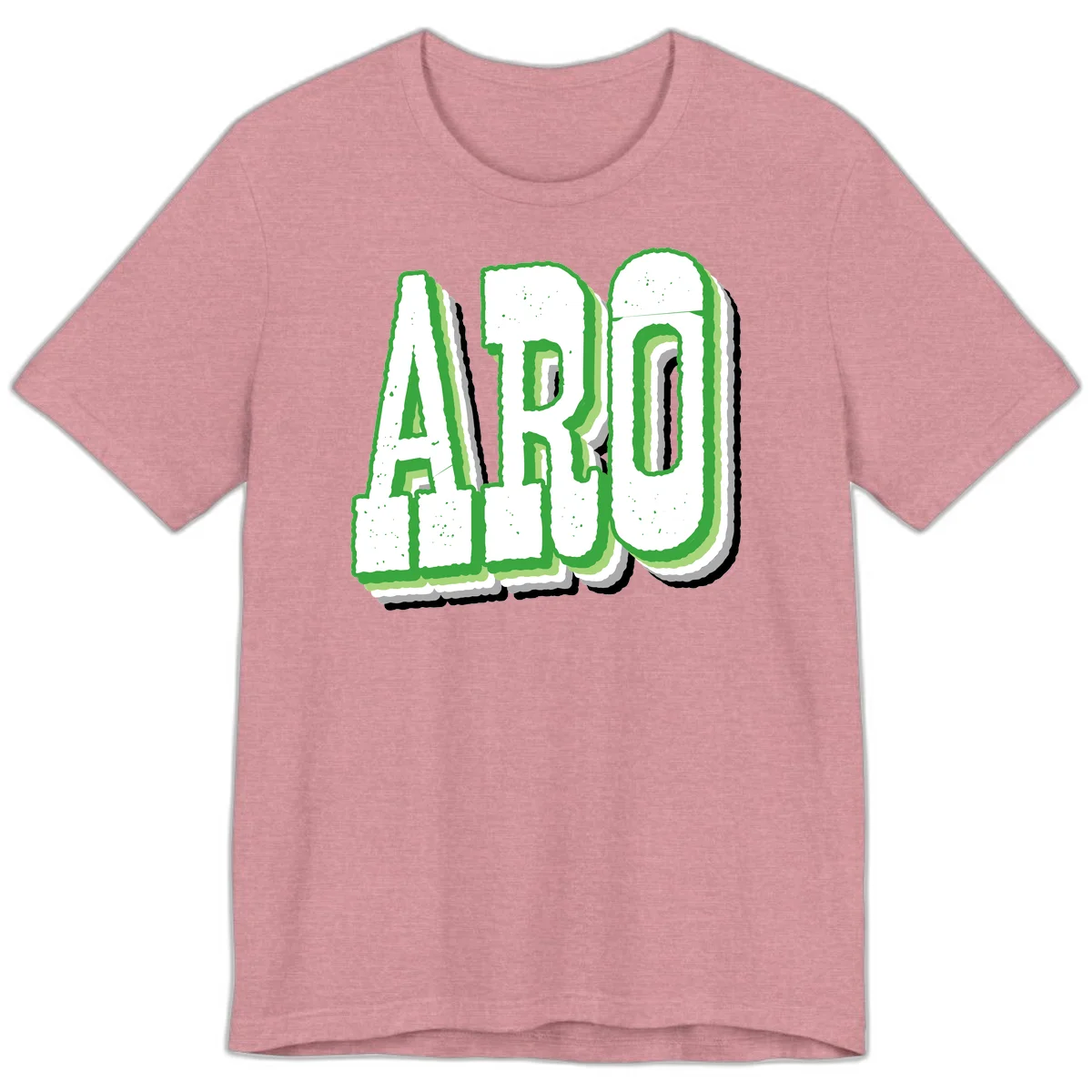 Large 3D block letters spelling ARO in green with textured speckled surface and layered shadow effect in Heather Orchid