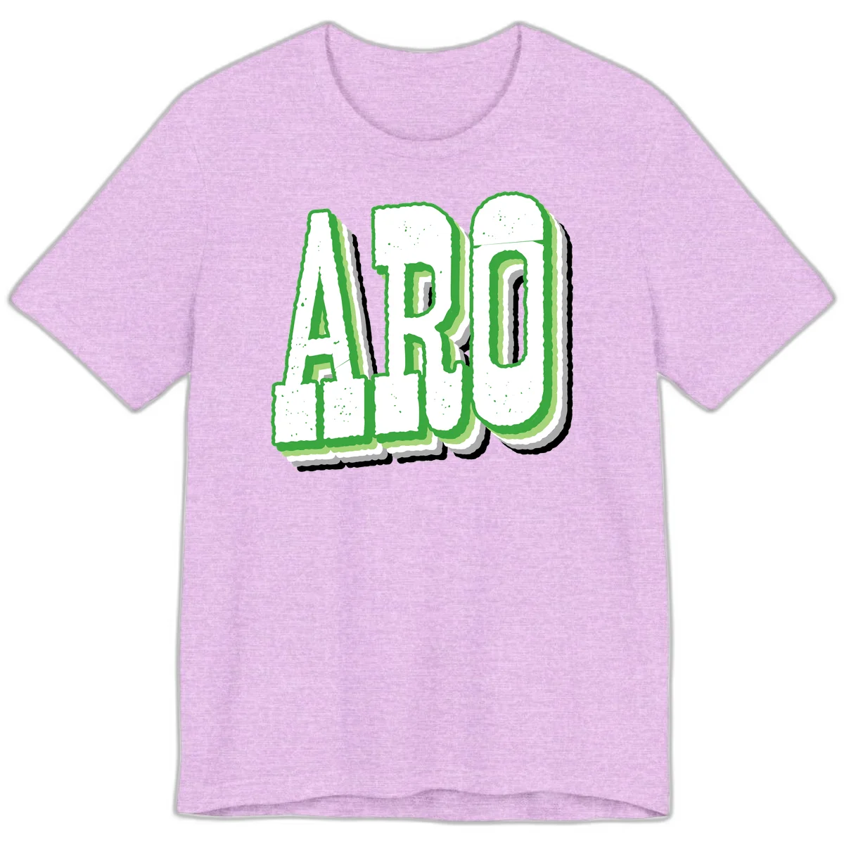 Large 3D block letters spelling ARO in green with textured speckled surface and layered shadow effect in Heather Prism Lilac