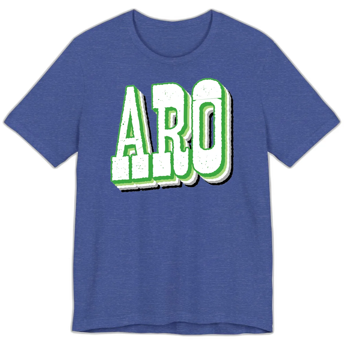 Large 3D block letters spelling ARO in green with textured speckled surface and layered shadow effect in Heather True Royal