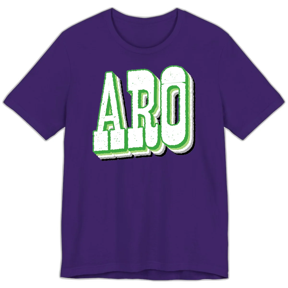 Large 3D block letters spelling ARO in green with textured speckled surface and layered shadow effect in Team Purple