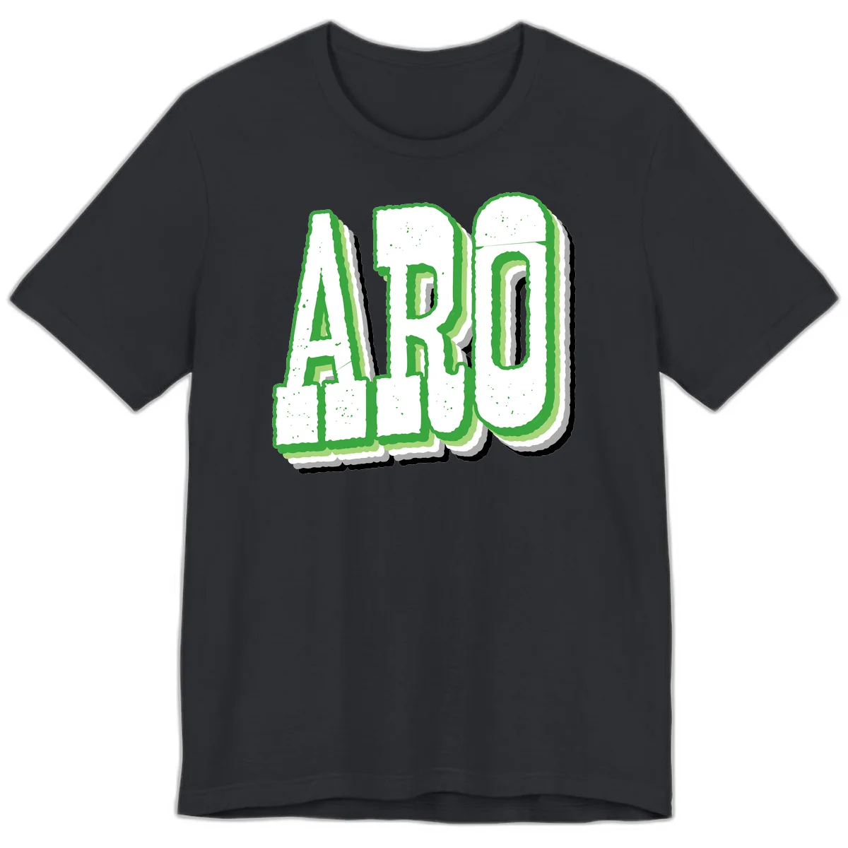 Large 3D block letters spelling ARO in green with textured speckled surface and layered shadow effect in Vintage Black