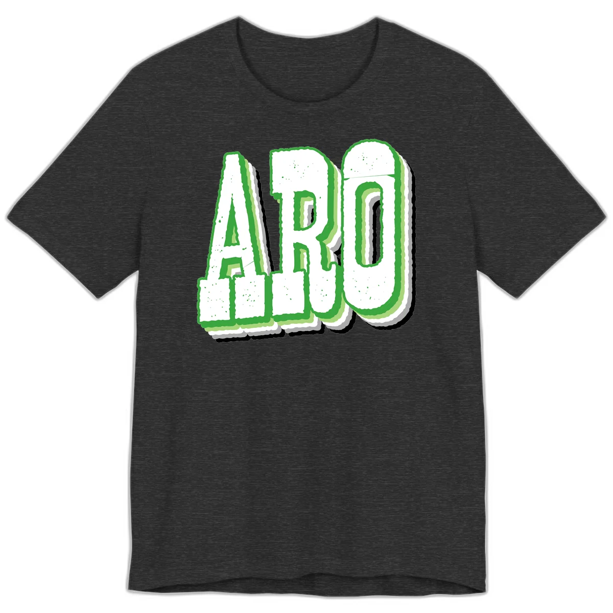 Large 3D block letters spelling ARO in green with textured speckled surface and layered shadow effect in Dark Grey Heather
