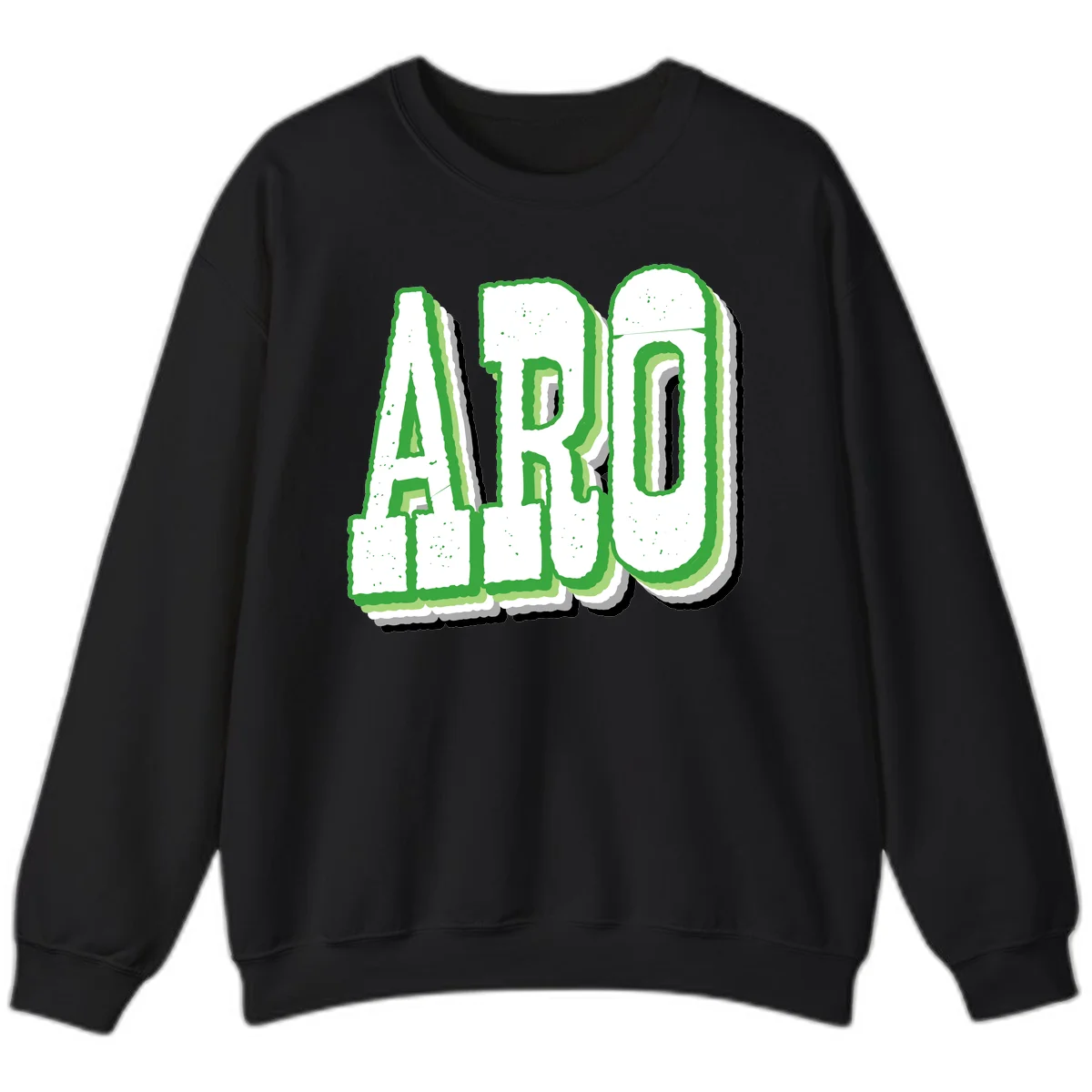 Large 3D block letters spelling ARO in green with textured speckled surface and layered shadow effect in Black